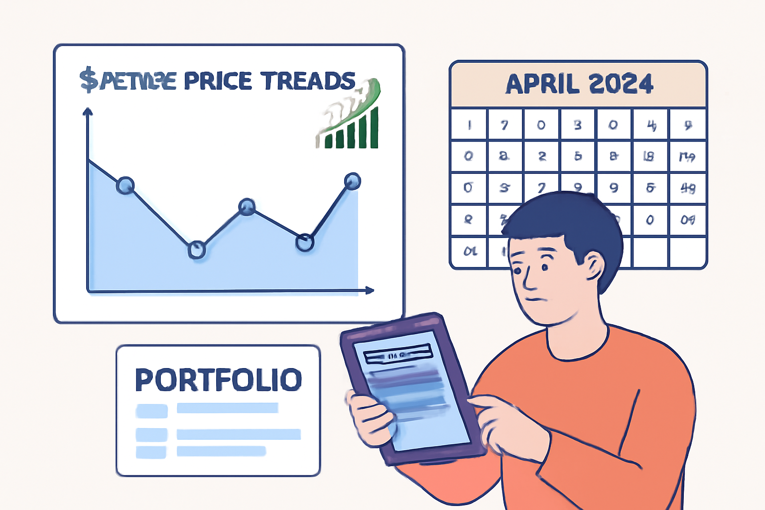 A dashboard showing $RETIRE price trends, a calendar, and a person reviewing their portfolio on a tablet