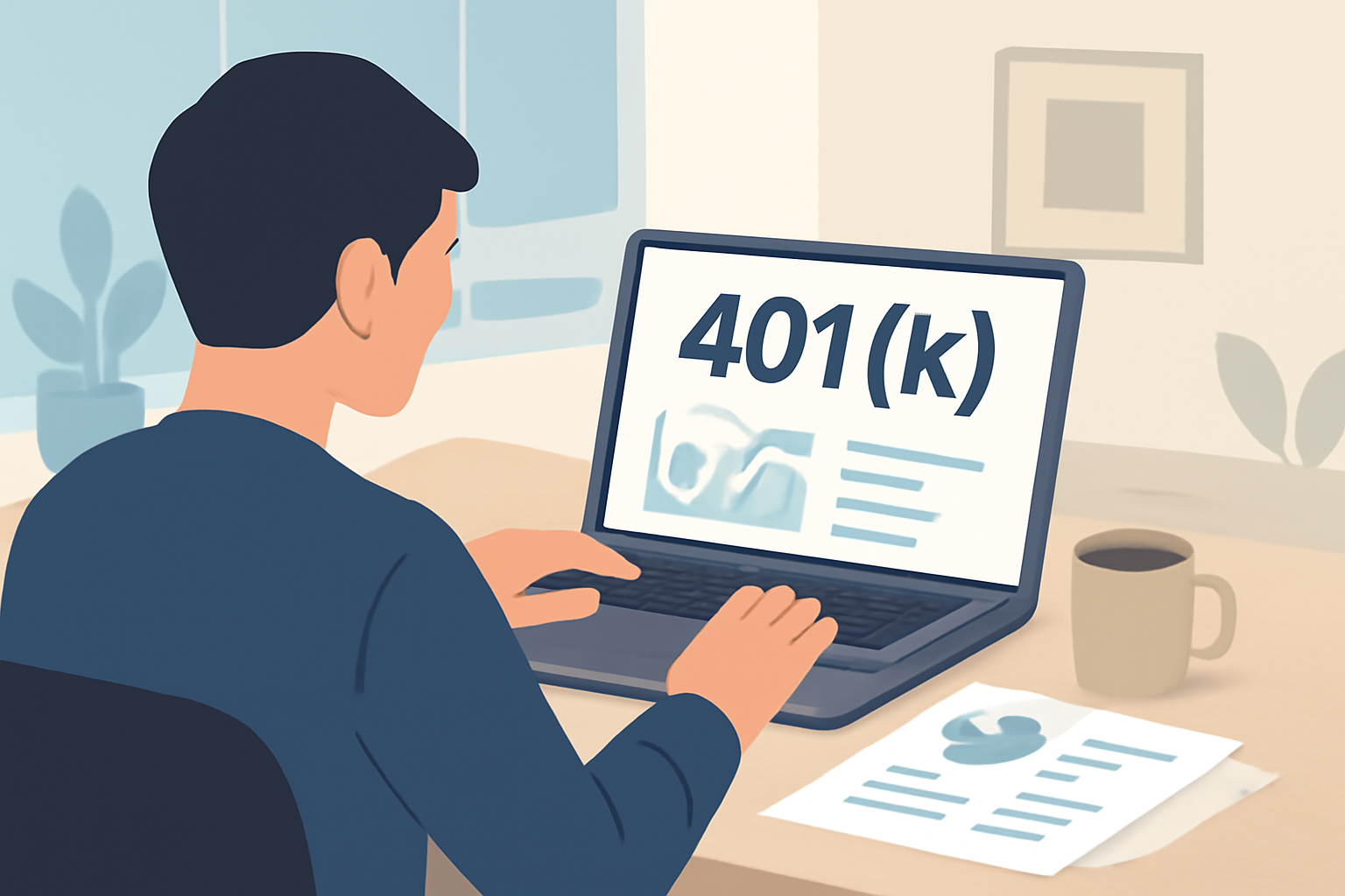 A person reviewing their 401(k) account on a laptop, with documents and a coffee mug on the desk, modern office setting