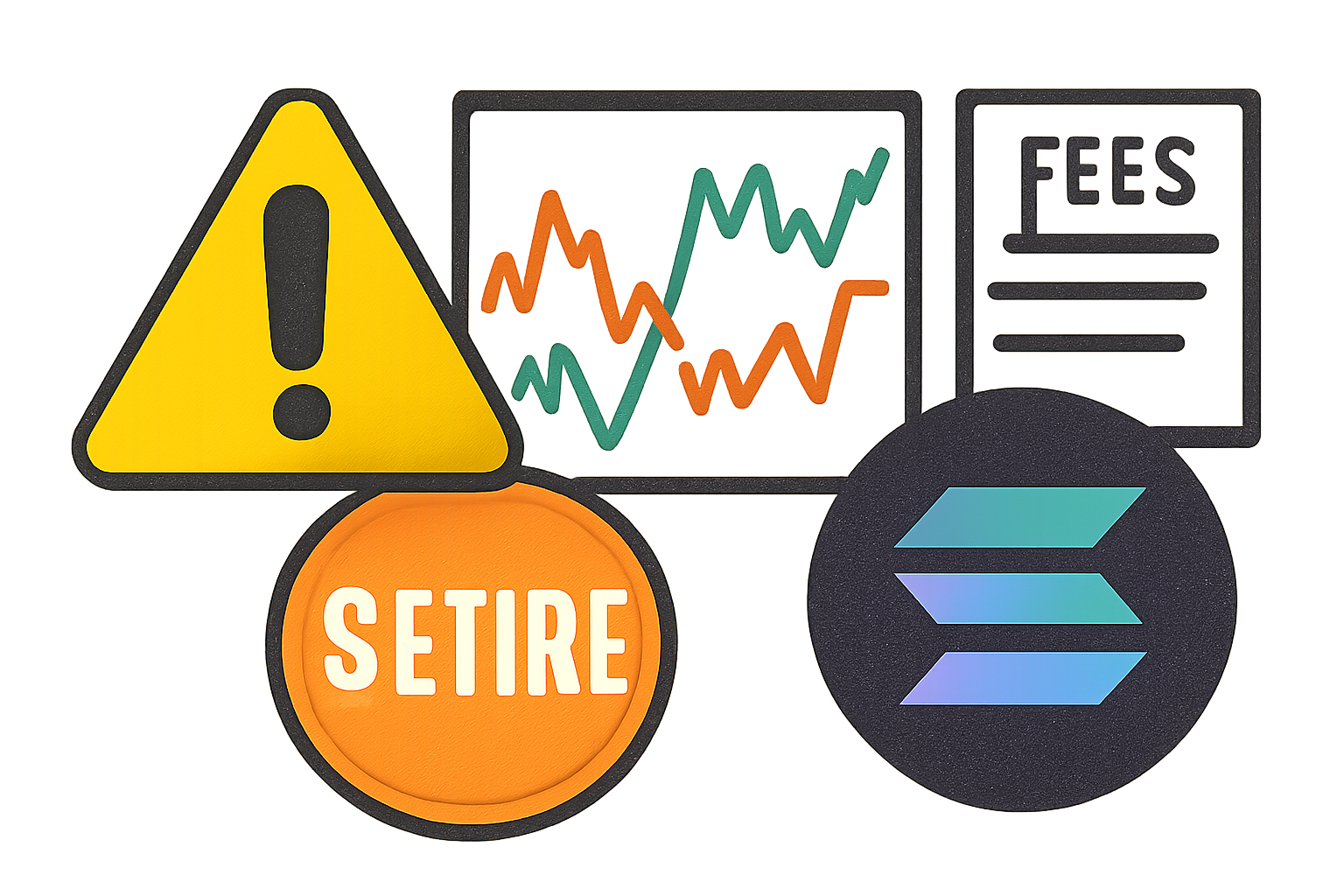 A warning sign next to fluctuating crypto charts and fee documents, $RETIRE and Solana logos visible