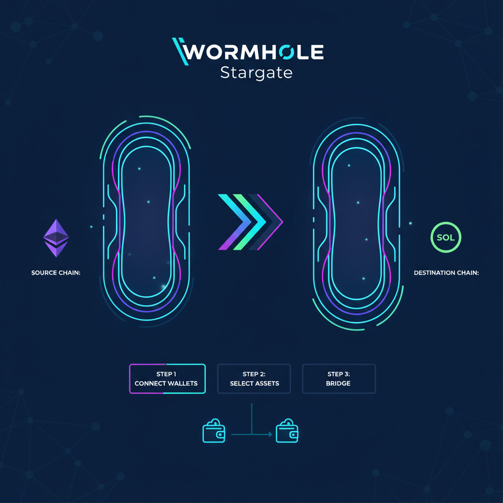 sleek cross-chain bridge interface Wormhole Stargate glowing portals neon blockchain