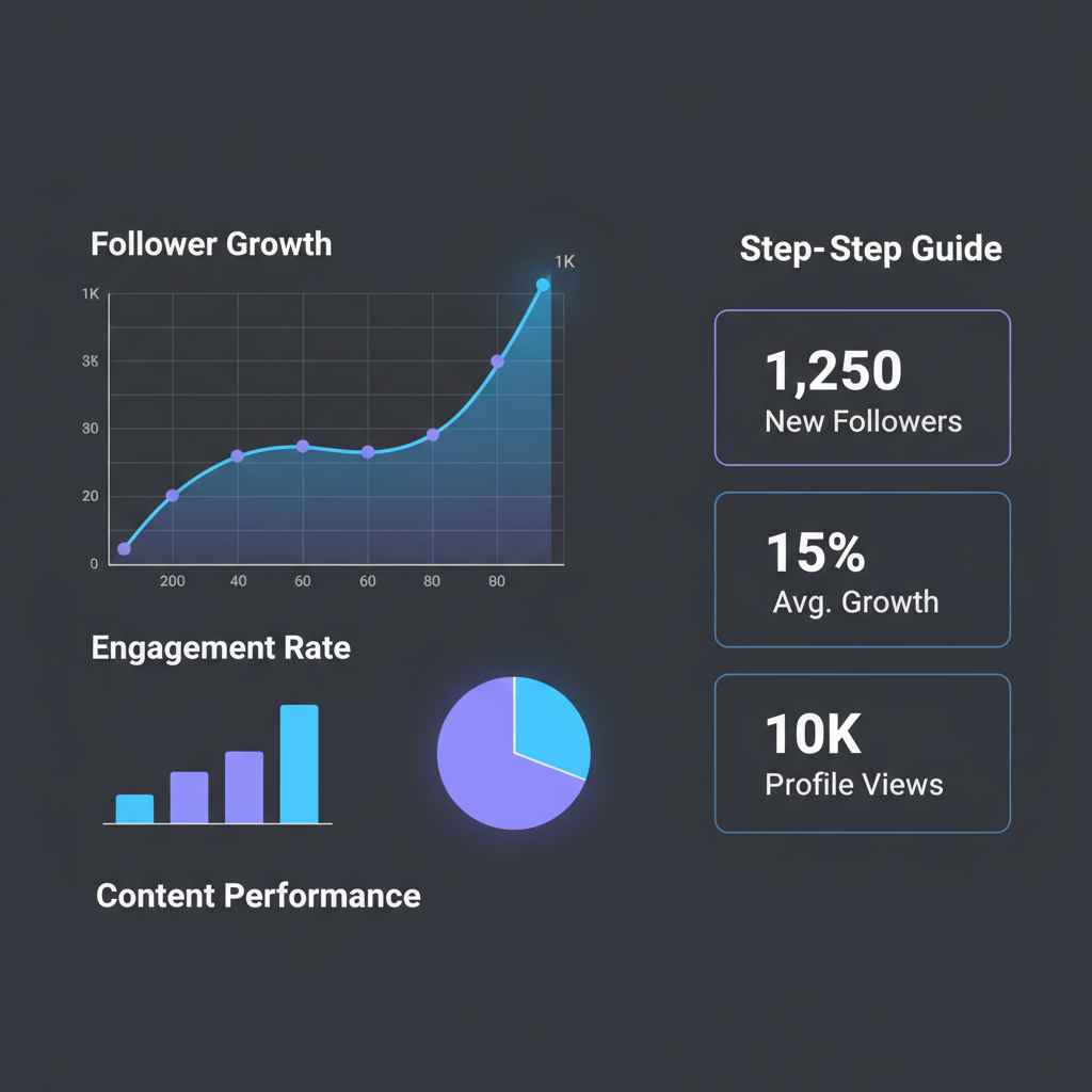 analytics dashboard showing follower growth chart from 0 to 1K, graphs and metrics, professional dark mode