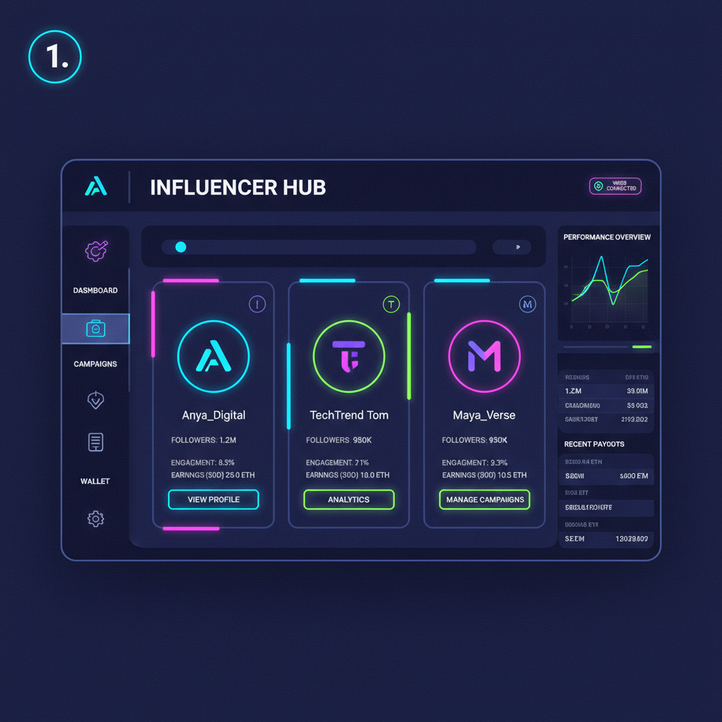 dashboard of influencers on AgentCast, profiles with stats, modern web3 UI, neon highlights