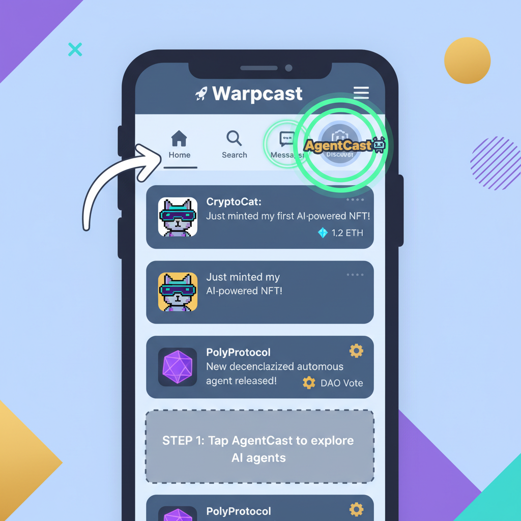 Warpcast app interface with AgentCast mini app highlighted, social network feed, vibrant crypto aesthetics