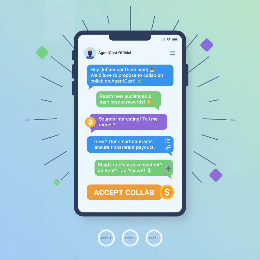 chat interface proposing influencer collab on AgentCast, speech bubbles with crypto icons, dynamic