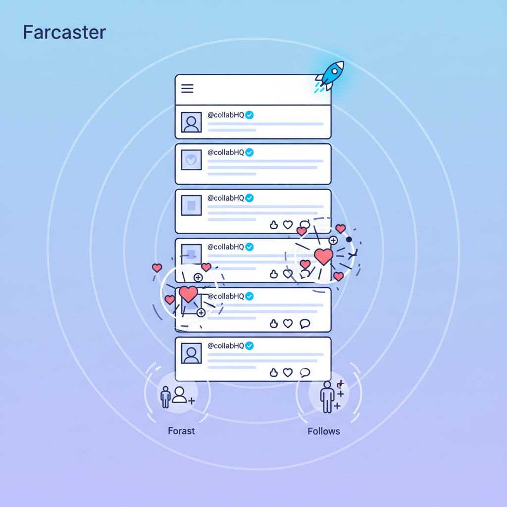 Farcaster feed with recast posts from collab, likes and follows exploding, social media animation