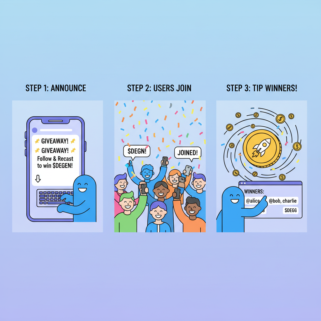 giveaway post on Farcaster with $DEGEN tips, excited users joining, confetti effects, crypto party