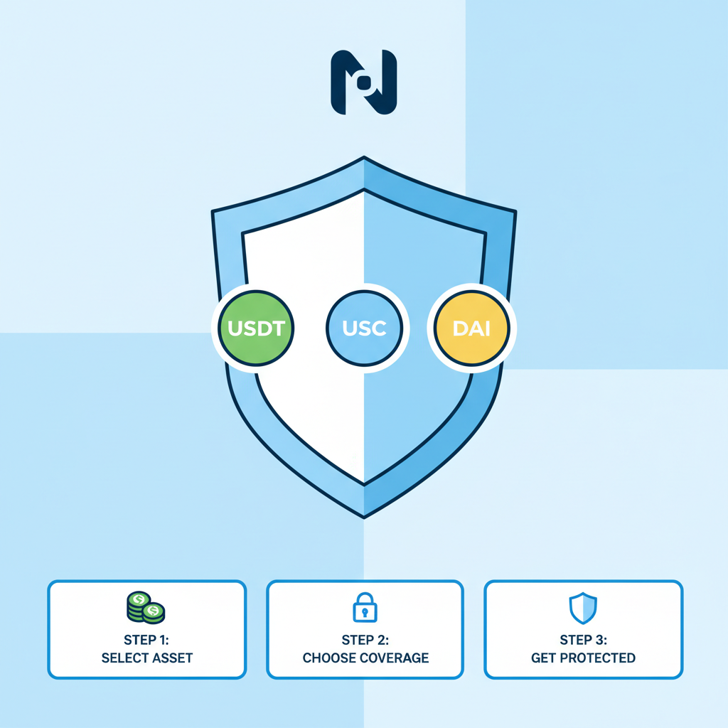 DeFi insurance dashboard, Nexus Mutual logo, policy icons for stablecoins, protective shield