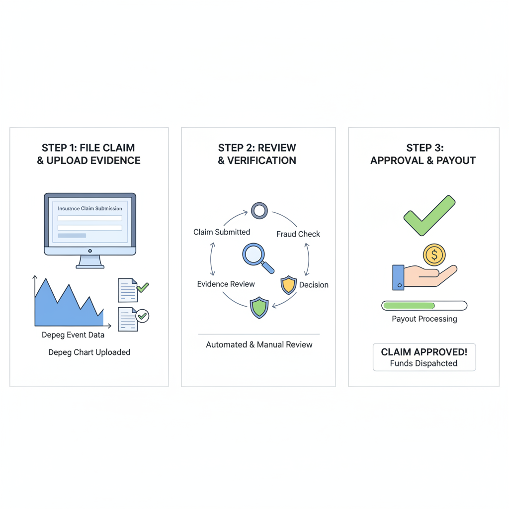 filing insurance claim interface, depeg chart evidence, approval process flowchart