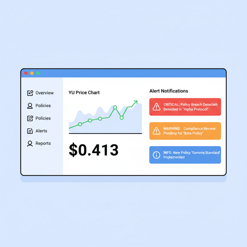 policy monitoring dashboard, live YU price chart at $0.4113, alert notifications