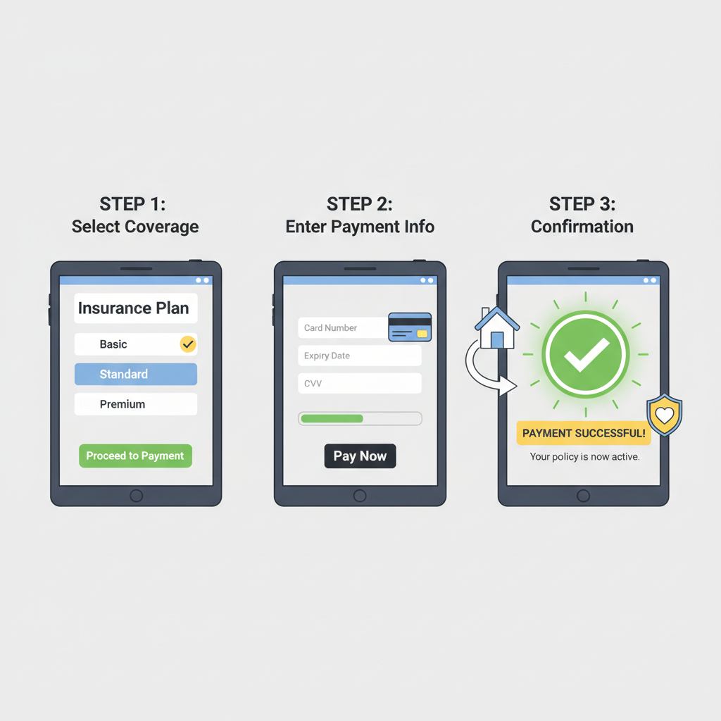 buying insurance policy screen, green checkmark, premium payment flow, success animation