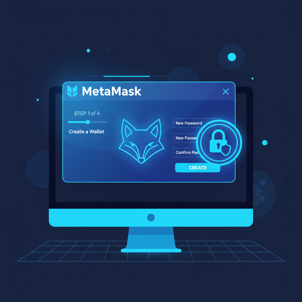 crypto wallet setup on desktop, MetaMask interface, secure lock icon, neon blue tones