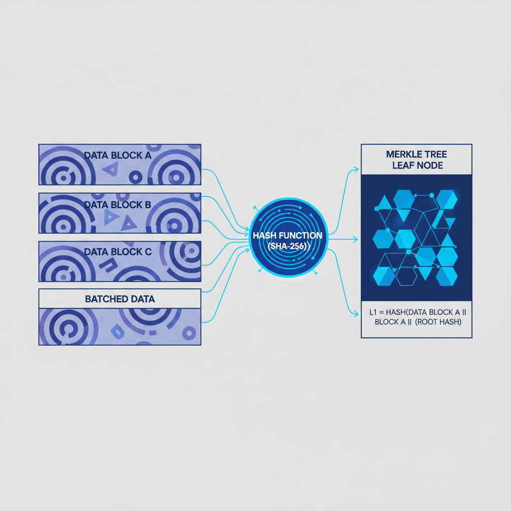 cryptographic hashing data into Merkle tree leaf node, abstract blue glowing hashes, scholarly diagram style