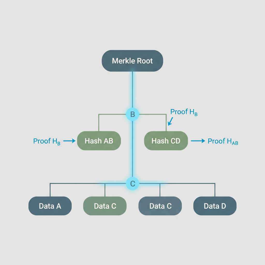 Merkle tree with highlighted path from leaf to root, inclusion proof arrows, elegant cryptographic visualization