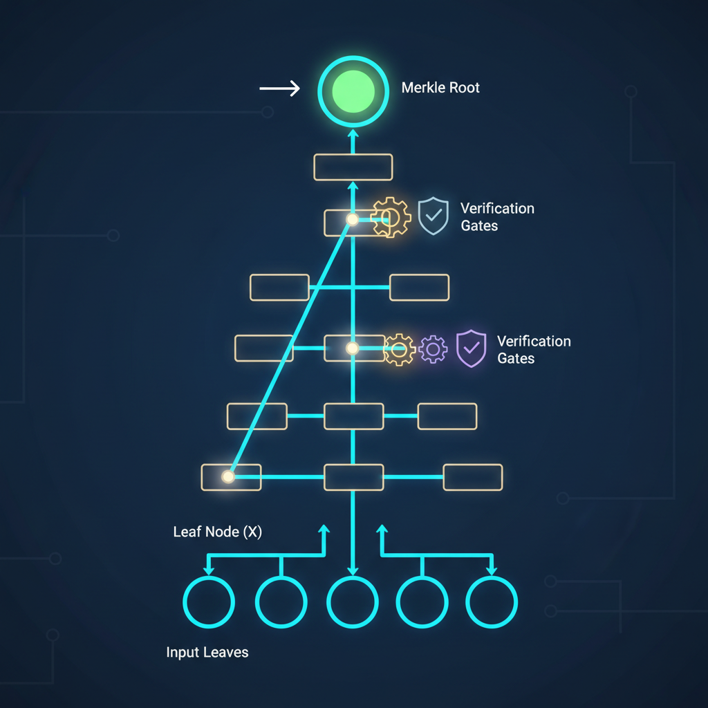 zero-knowledge circuit verifying Merkle proof, glowing nodes and verification gates, abstract tech schematic