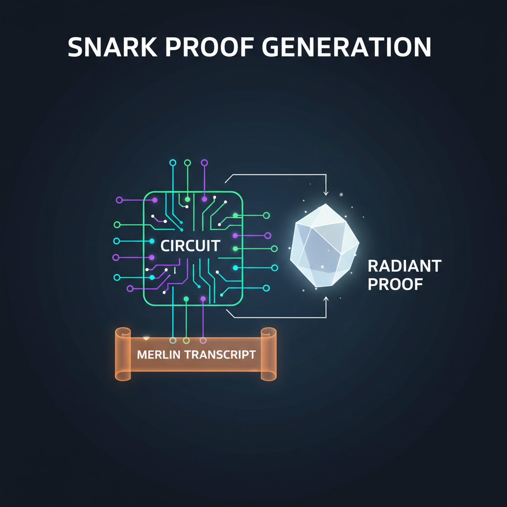 SNARK proof generation with Merlin transcript, radiant proof emerging from circuit, futuristic cryptographic art