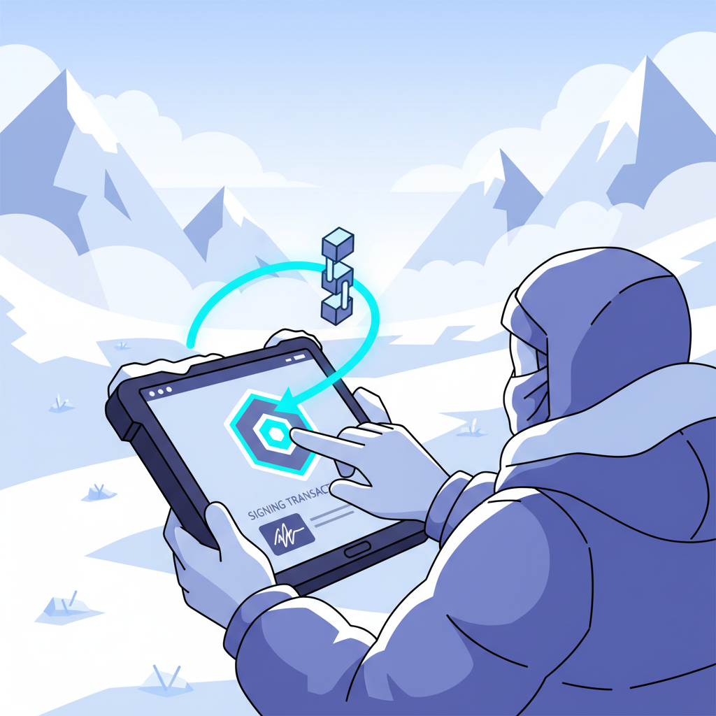 rugged device signing blockchain transaction in snowy Himalayan valley, dramatic fog, tech glow
