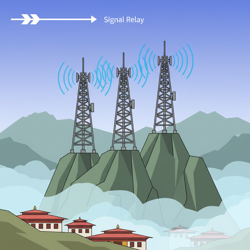 antennas relaying signals over misty Bhutan mountains, radio waves visualized, high-tech rugged setup