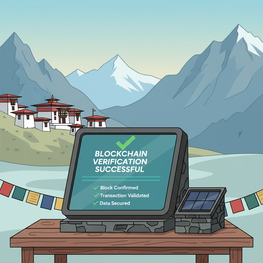 blockchain verification success screen in remote Bhutan outpost, green checkmarks, mountainous backdrop
