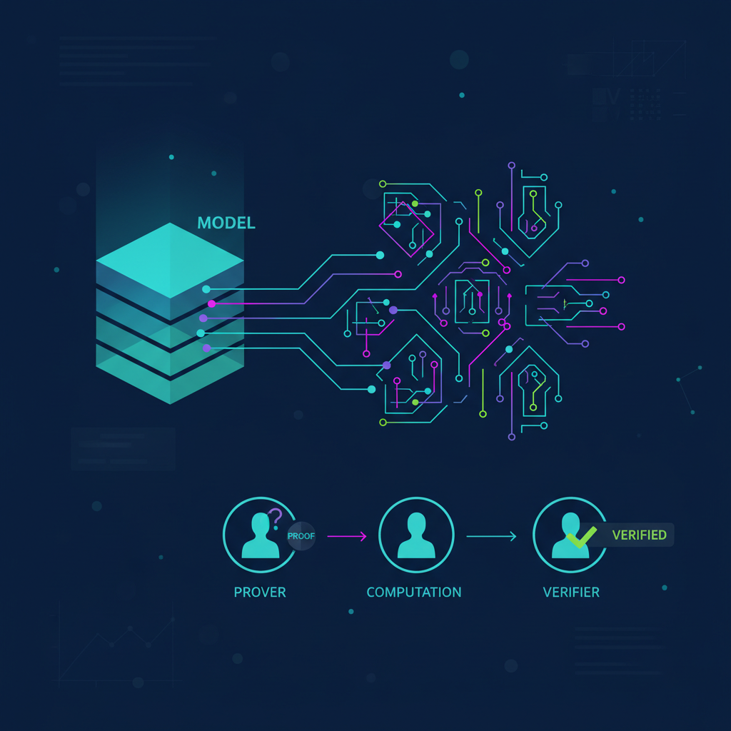 zero knowledge proof generation visualization, cryptographic circuits lighting up with model slices, dark sci-fi aesthetic