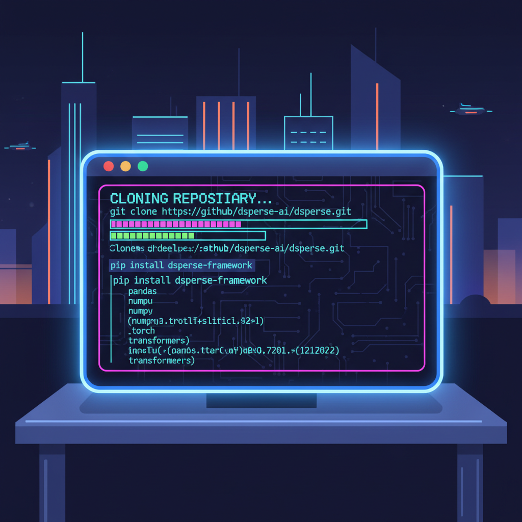 terminal window cloning github repo and pip installing dsperse framework, neon cyberpunk glow, code lines scrolling