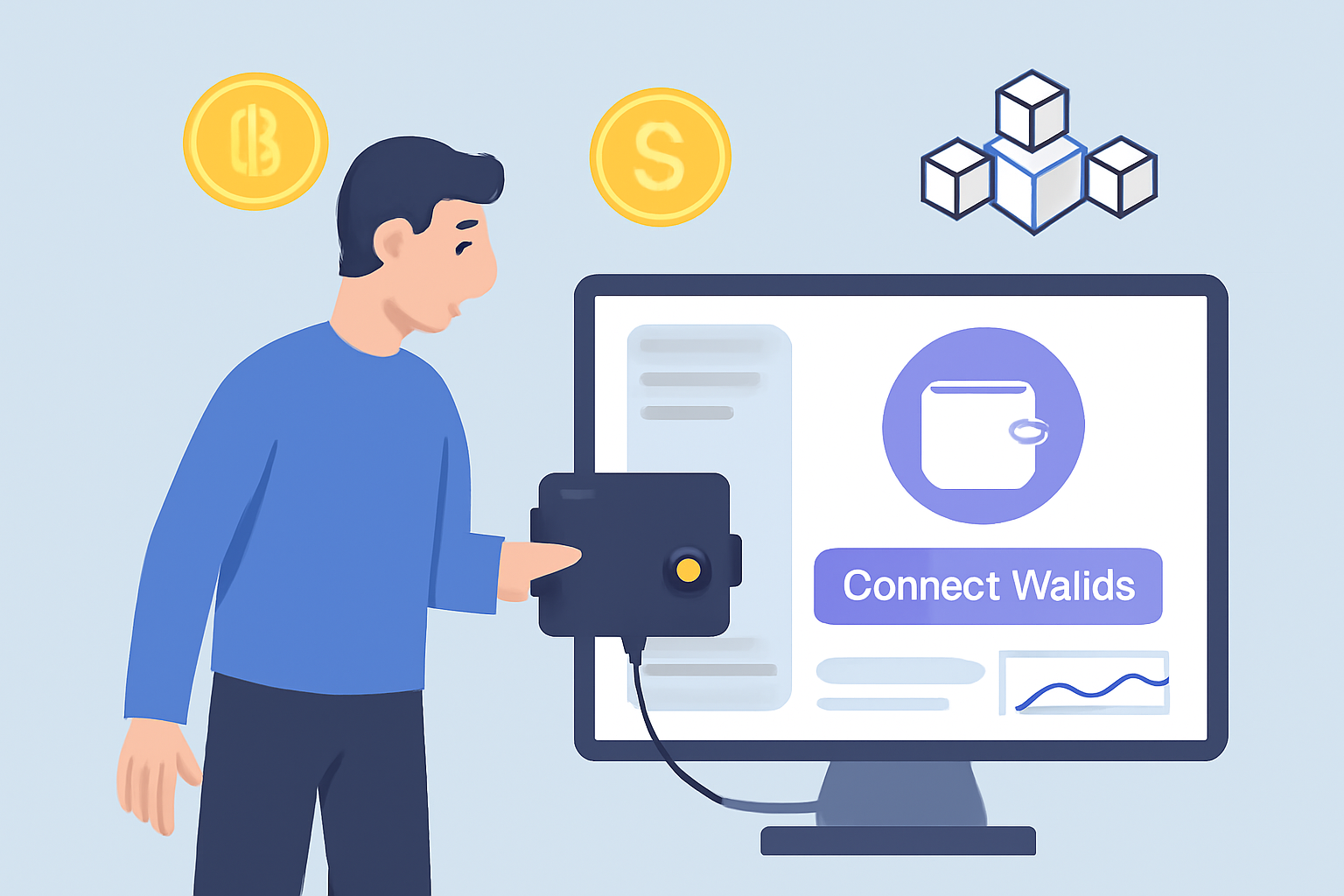 A user connecting a crypto wallet to a modern web dashboard, with digital coins and a blockchain icon in the background.