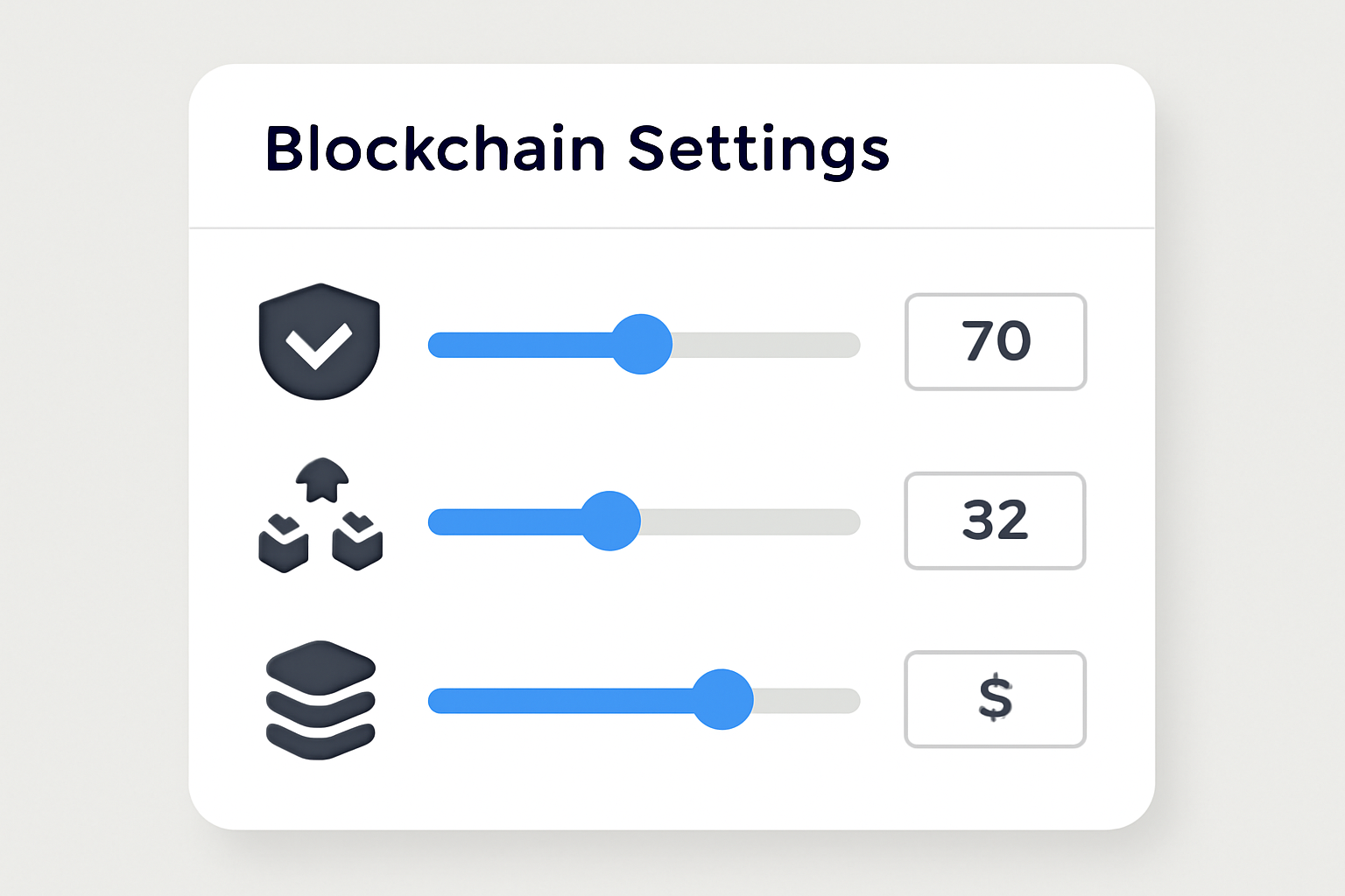 A dashboard with sliders and input fields for customizing blockchain settings, featuring icons for security, scalability, and data layers.
