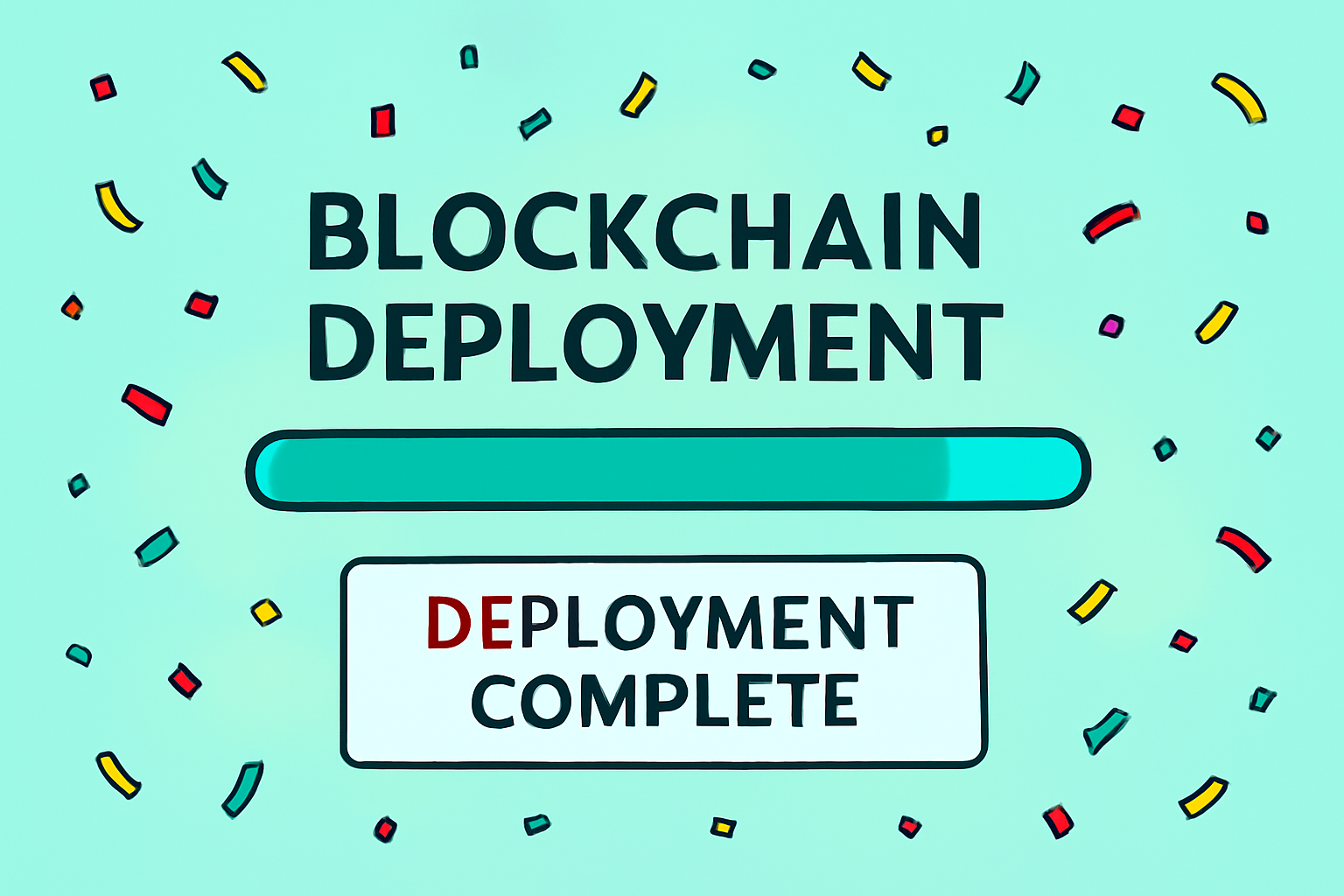 A progress bar showing blockchain deployment, with celebratory confetti and a 'Deployment Complete' message on screen.