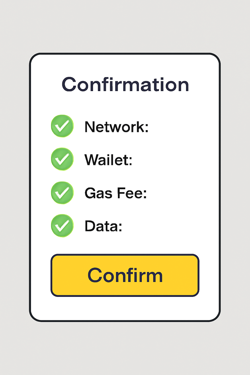 A confirmation screen summarizing blockchain deployment details, with checkmarks and a 'Confirm' button highlighted.