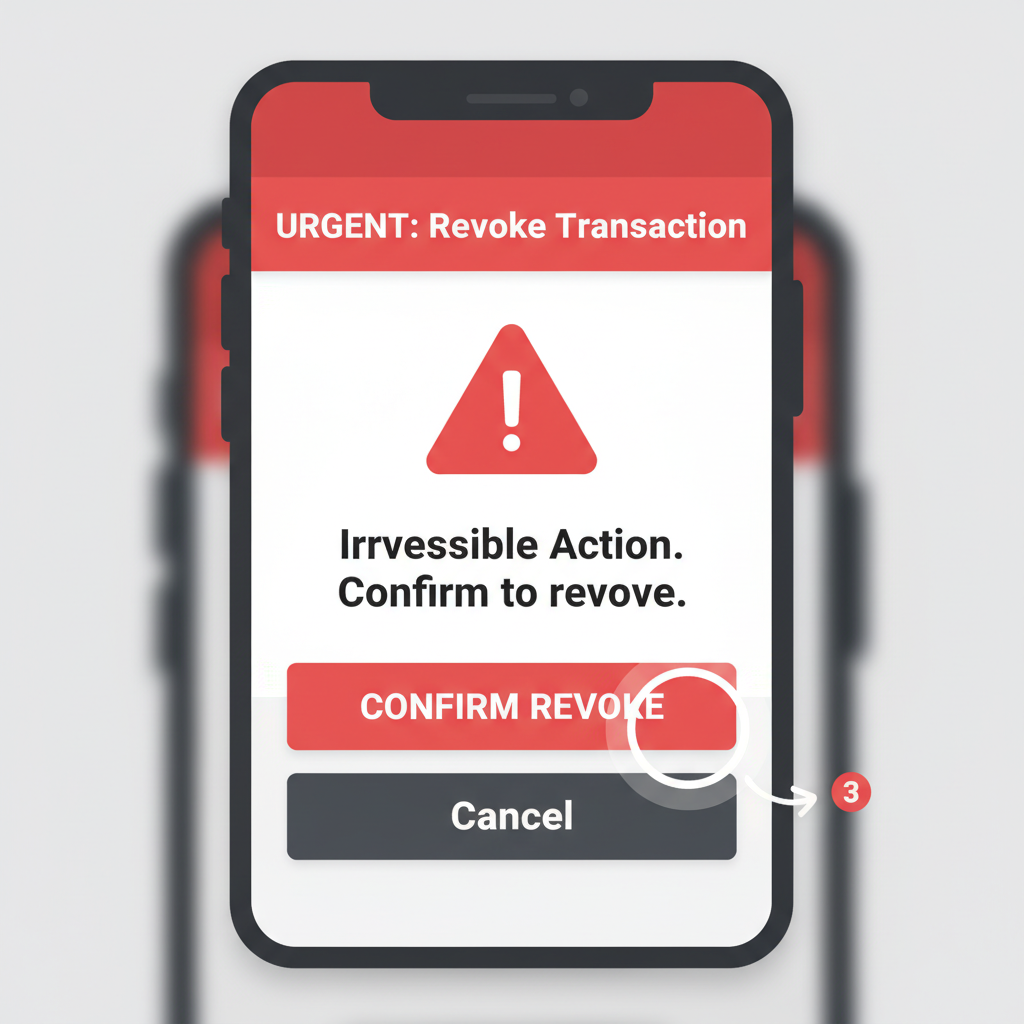 wallet popup confirmation screen for revoke tx, urgent red tones, focused user interaction