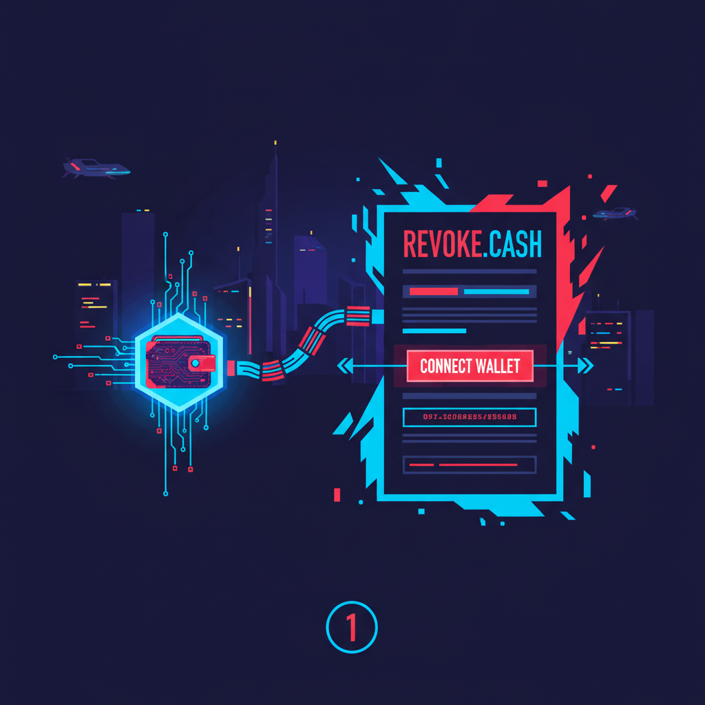 wallet connecting to revoke.cash website, cyberpunk style, neon blues and reds, aggressive futuristic UI