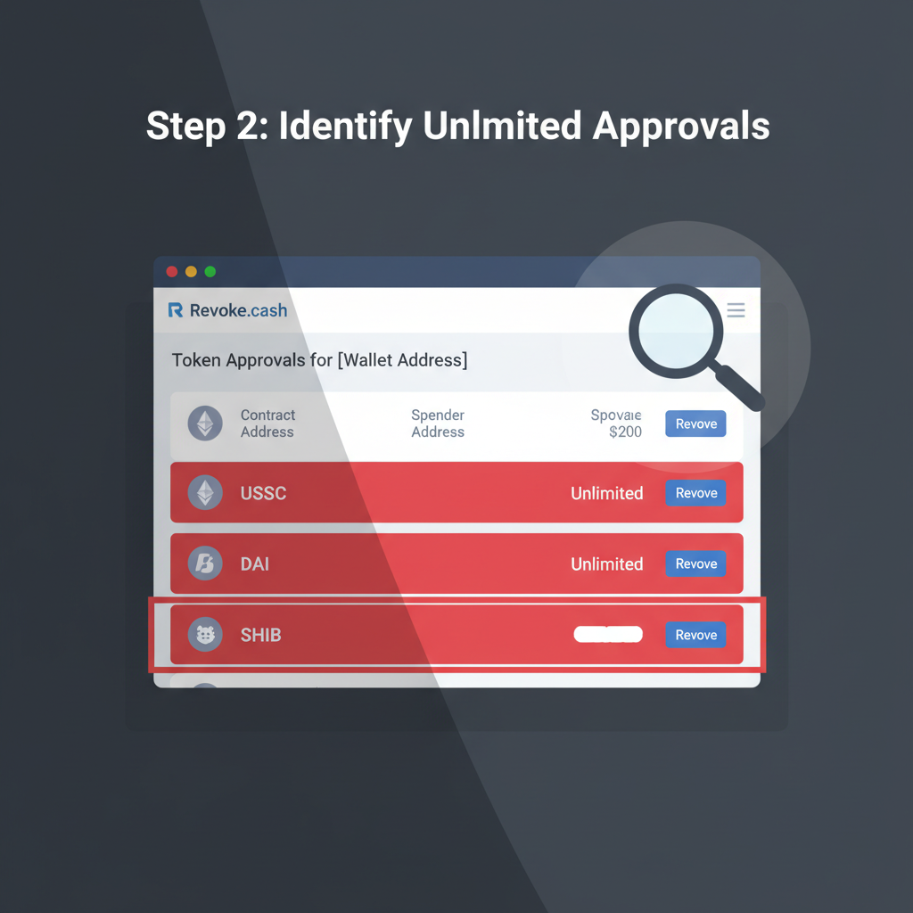 list of token approvals on revoke.cash, red highlights on unlimited ones, scanning interface, dramatic lighting