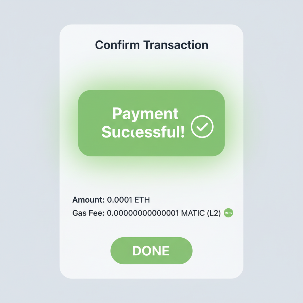 gas fee payment screen low amount native token L2, green success glow, minimalistic wallet UI