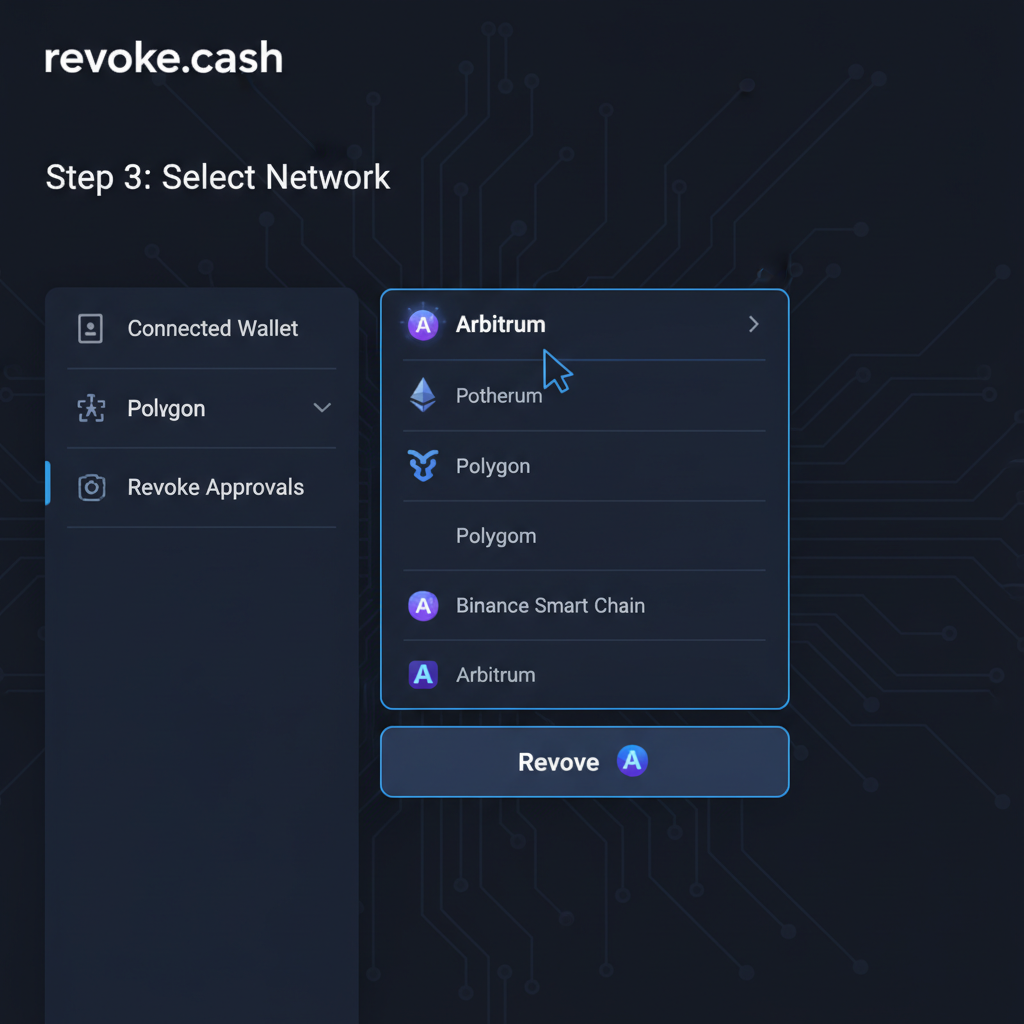 dropdown menu selecting Arbitrum on revoke.cash, dark mode interface, glowing network icons, high-tech dashboard