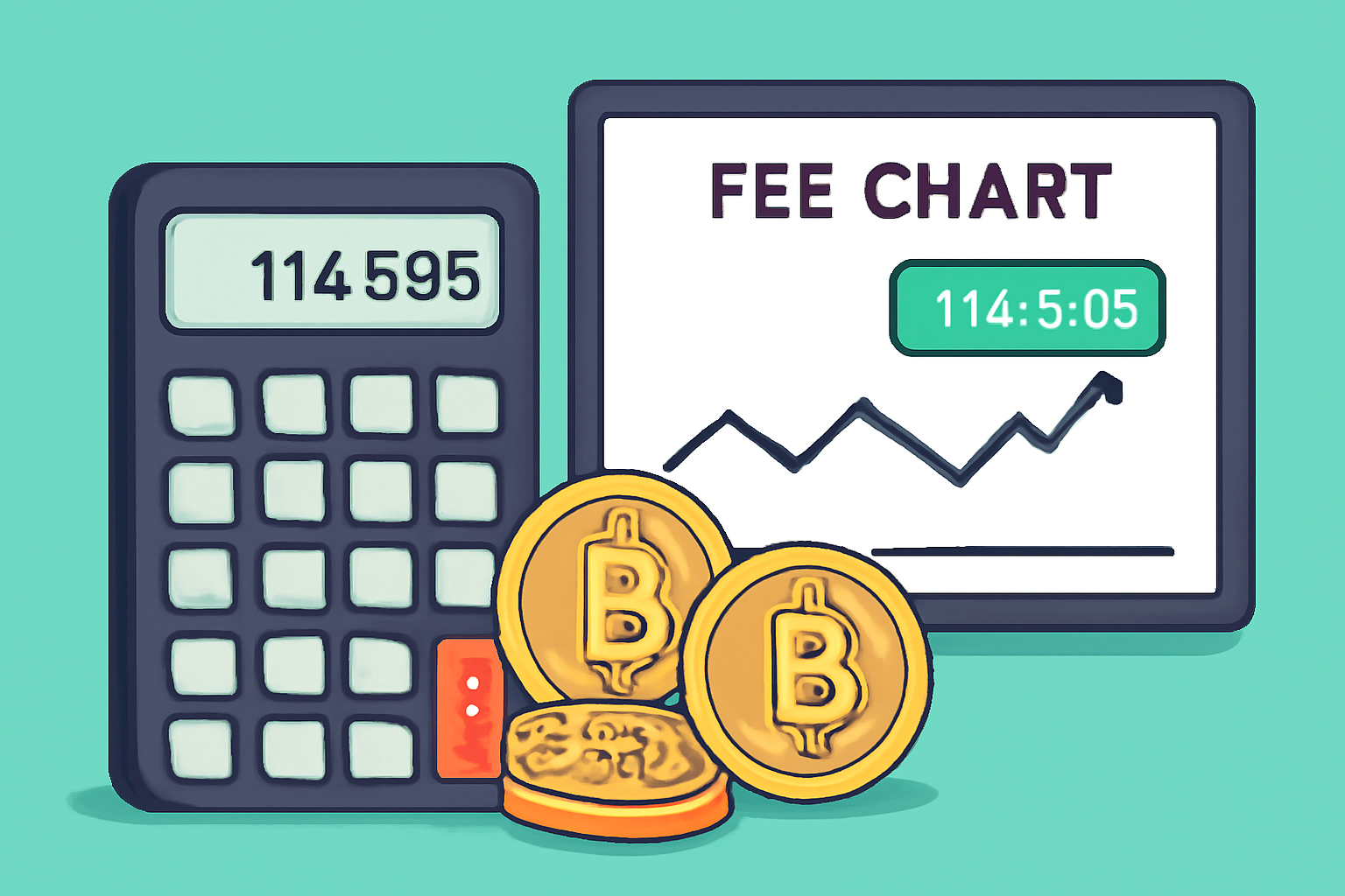 A calculator, Bitcoin coins, and a fee chart on a digital screen, with the current price $114,595 highlighted