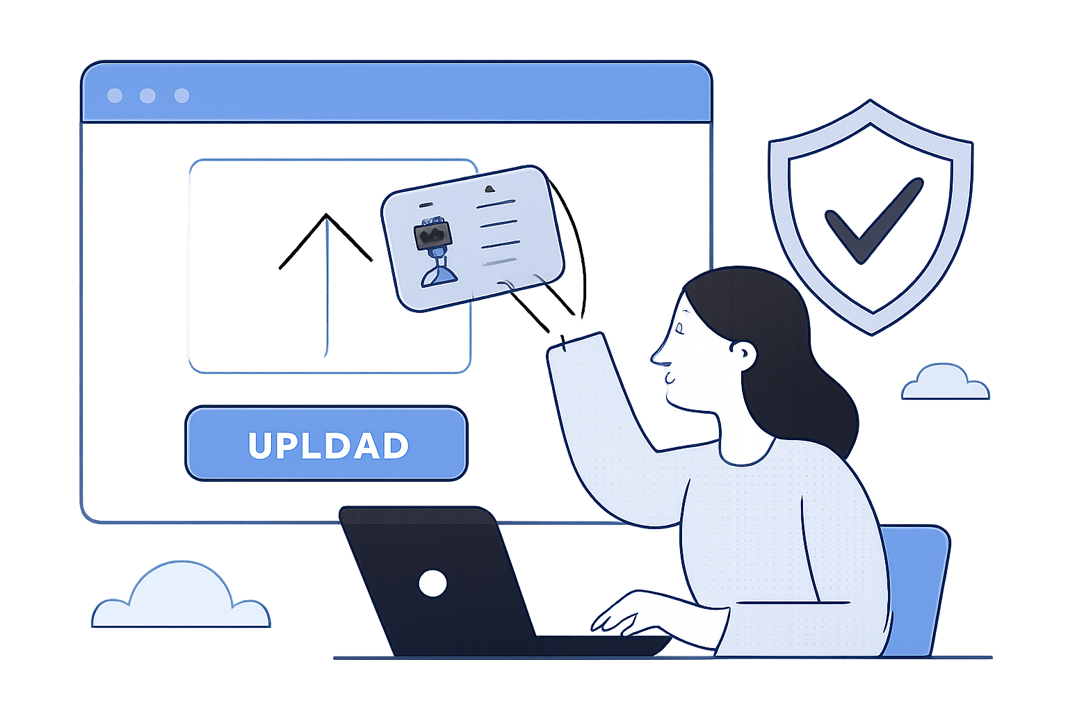 A user uploading identification documents on a secure website, with a shield and checkmark symbolizing security and compliance