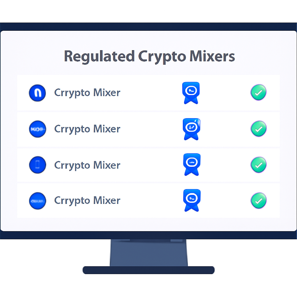 A computer screen displaying a list of regulated crypto mixers with certification badges and audit checkmarks, modern interface, clean design