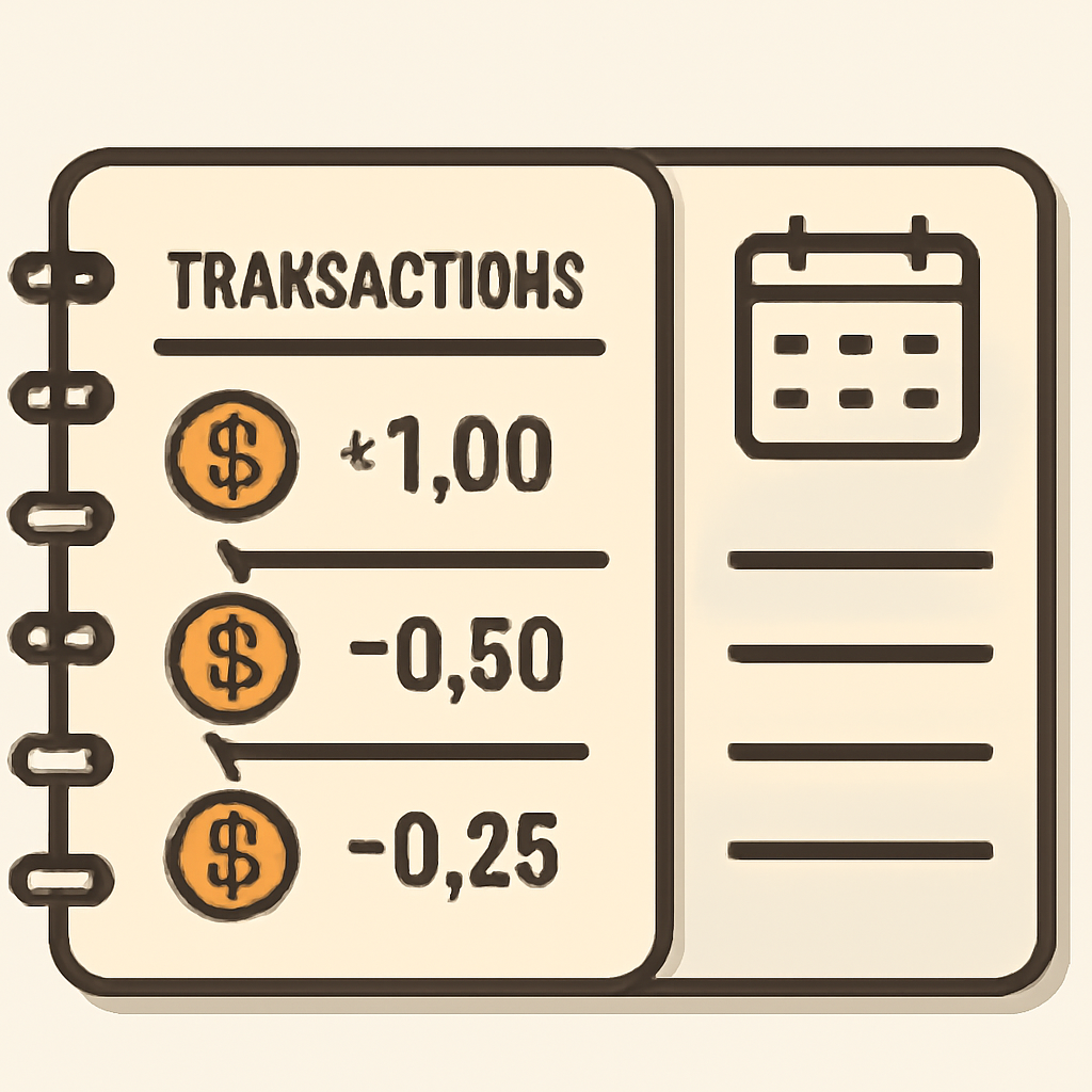 A notebook or digital ledger with transaction details, Bitcoin symbols, and a calendar for timestamps