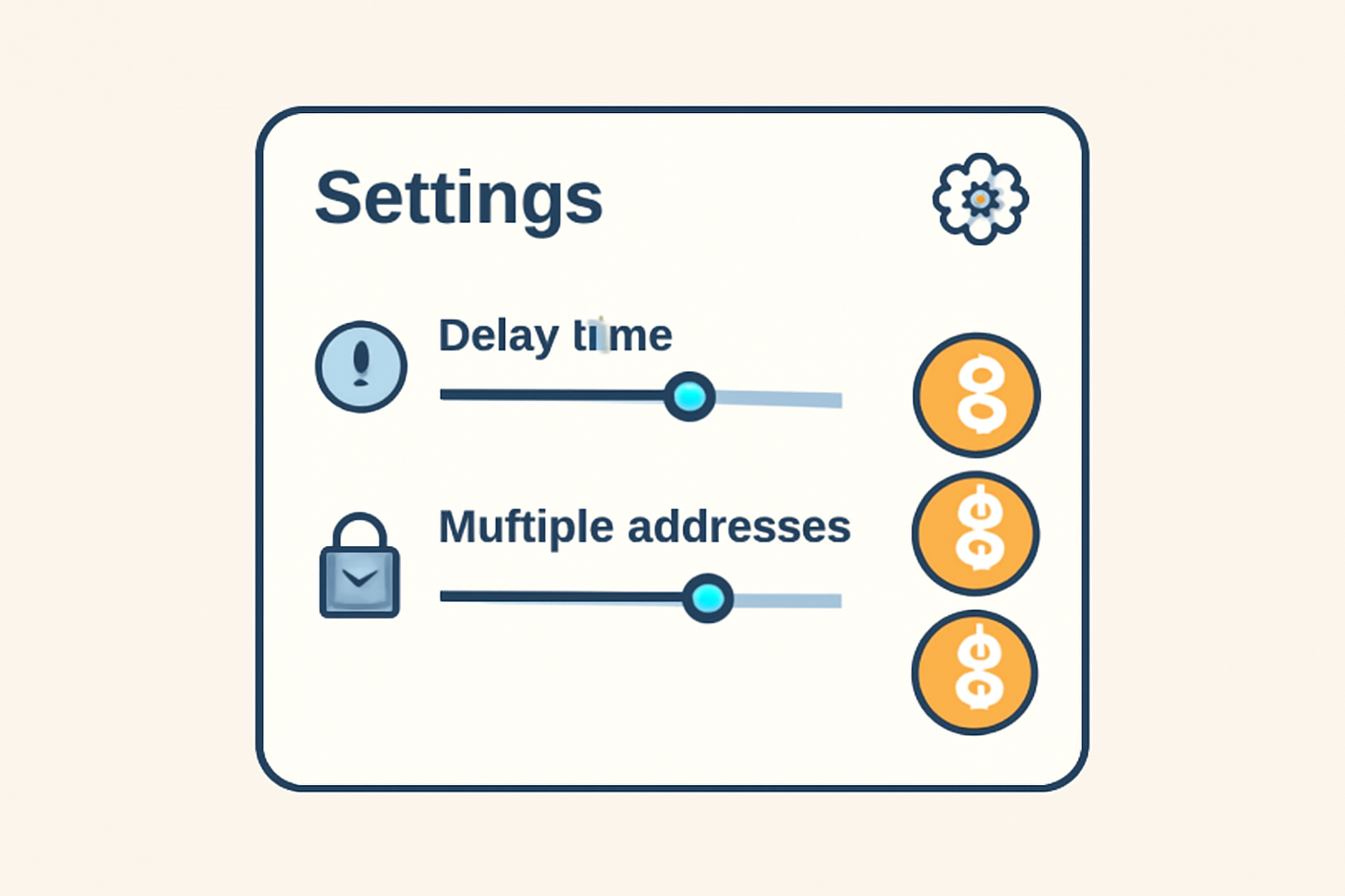 A settings dashboard with sliders for delay time and options for multiple Bitcoin addresses, with privacy and clock icons