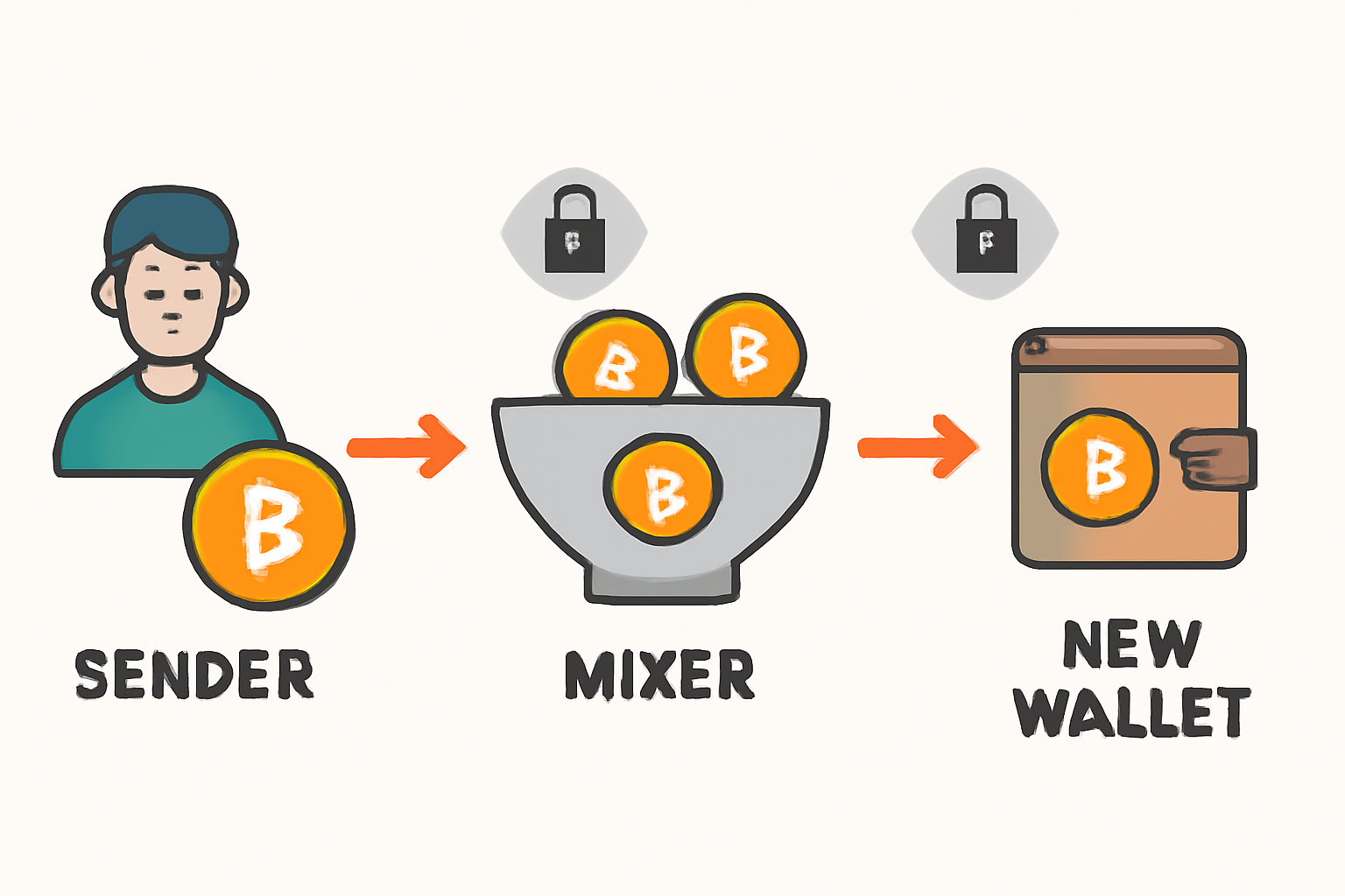 A flowchart showing Bitcoin moving from a sender, passing through a mixer, and arriving at a new wallet, with privacy icons along the path