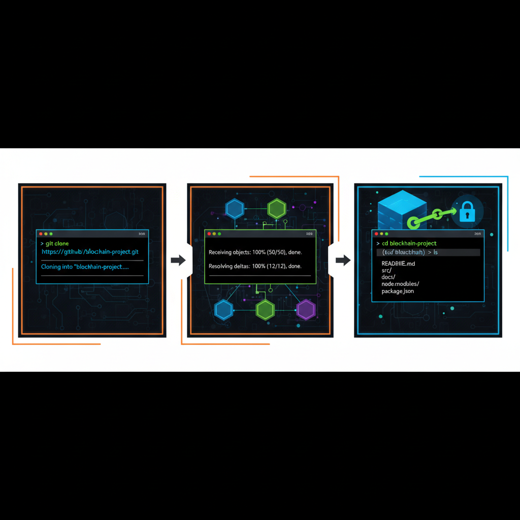 terminal cloning git repo, glowing blockchain nodes, cyberpunk style