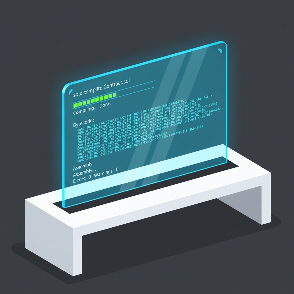 terminal running solc compile, bytecode output, futuristic compiler