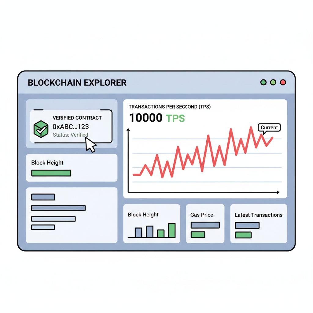 blockchain explorer dashboard, verified contract, 10000 TPS graph spiking