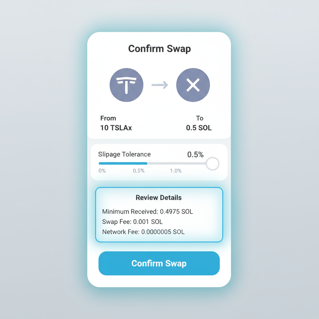 Phantom confirmation screen for TSLAx swap, slippage slider at 0.5%, review details highlighted