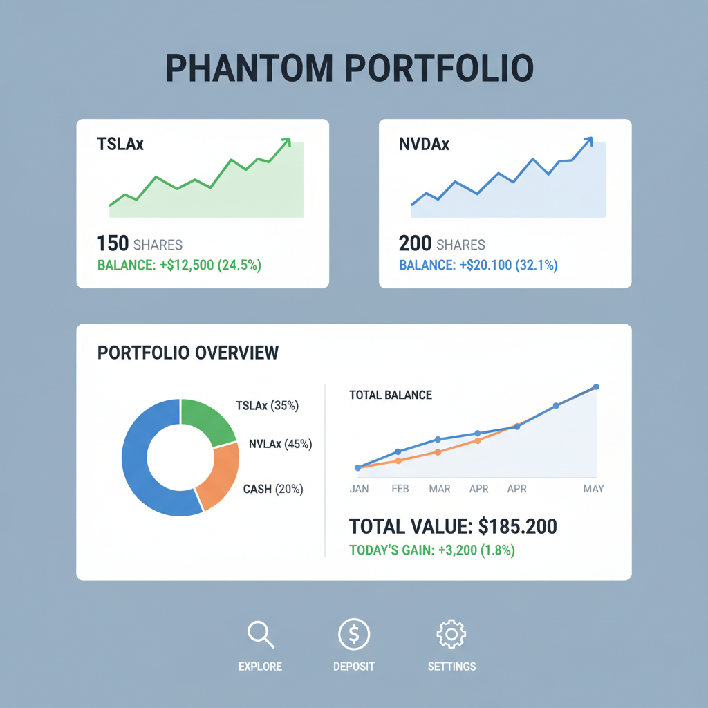 Phantom portfolio view showing TSLAx and NVDAx holdings with charts, balance updates