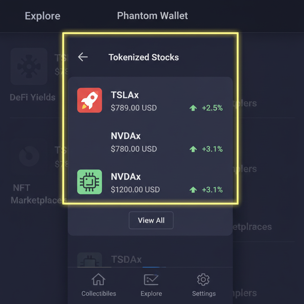 Phantom wallet Explore tab screenshot, highlighting tokenized stocks section with TSLAx and NVDAx visible