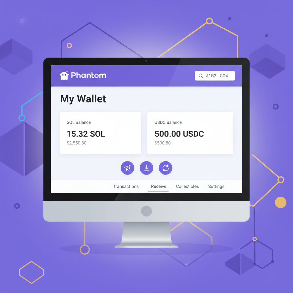 Phantom wallet interface open on desktop, Solana blockchain theme, clean UI showing balance in SOL and USDC