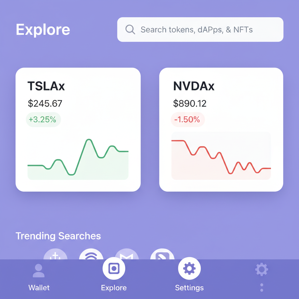 Phantom Explore tab search results showing TSLAx and NVDAx cards with price charts, Solana style