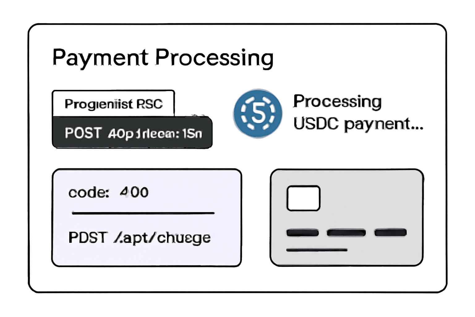 A web app interface processing a USDC payment after receiving a 402 response, with code snippets and USDC icon