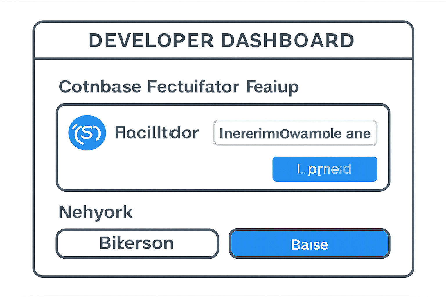 A developer dashboard showing Coinbase facilitator setup with USDC logo and Base network highlighted