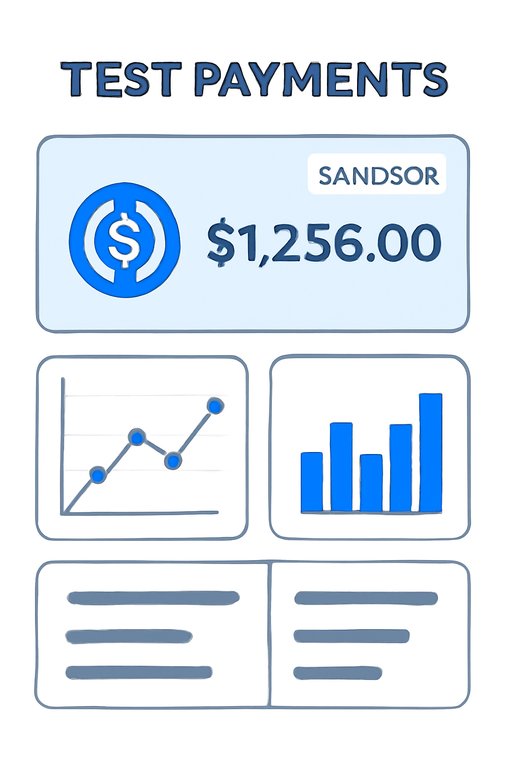 A dashboard showing test payments, monitoring graphs, and a sandbox environment label with USDC symbols